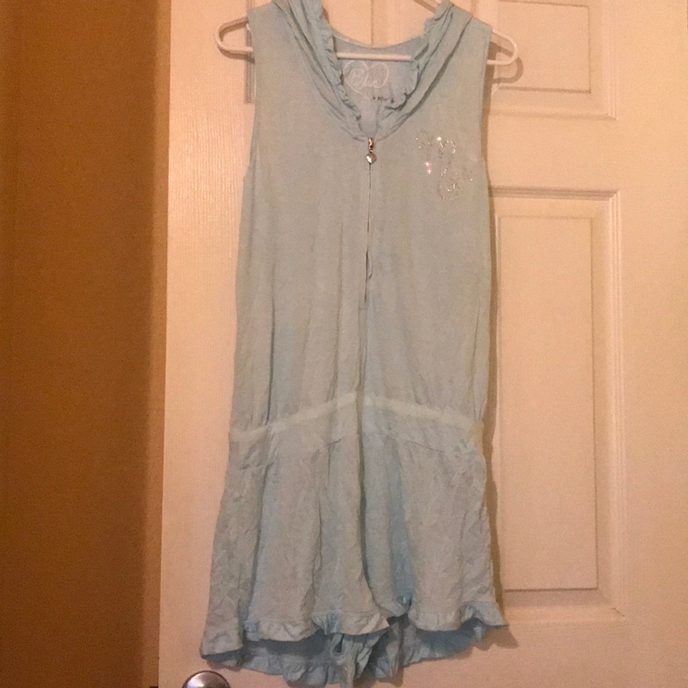 Hersey Johnson baby blue romper with hood